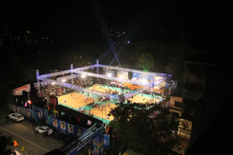 Night aerial view of a sports arena built with truss and lighting